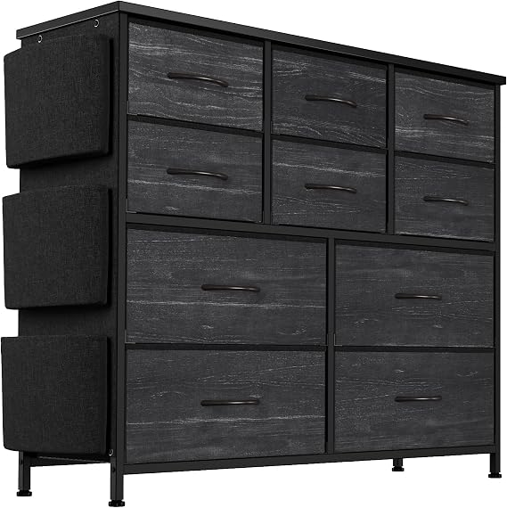 Jojoka Dresser for Bedroom, 10 Drawers Fabric Storage Drawer, Dressers & Chest of Drawers with Side Pockets, Hooks, Wood Tabletop for Closet, Living Room, Hallway (Charcoal Black)