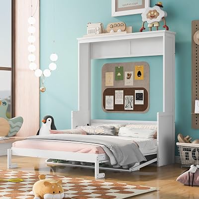 Bellemave Murphy Bed Queen Size, Cabinet Beds with A Storage Shelf, Wood Foldable Wall Bed Frame for Home Office Studio, White
