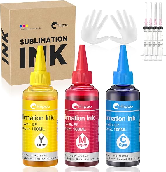 Hiipoo Sublimation Ink Refilled Bottles with Heat Tape Refill for ET2400 XP4105 XP4100 ET2720 ET2760 ET2750 ET4800 ET-2800 ET-2803 ET-2850 Inkjet Printers Heat Press Transfer on Mugs T-Shirts(CMY)