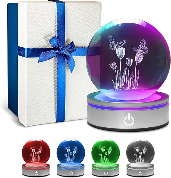 Briignite 3D Laser Etched Crystal Ball Butterflies and Flowers Sphere Glass | Tabletop Lamp with Color-Changing LED Base Tabletop Lamp Decorative Night Light Plug in for Bedroom Home Office Decor