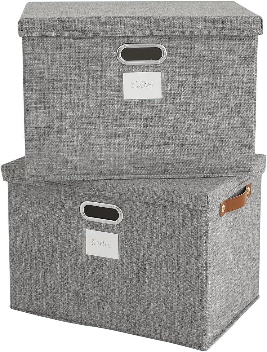 Storage Boxes with Lids 2PCS Foldable Fabric Storage Boxes Large Stackable Storage Baskets for Shelves Storage Box for Clothes Wardrobe Grey Collapsible Decorative Storage Bins 43x30x30cm