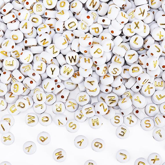 Gionlion 1200+Pcs Round Letter Beads for Bracelet Making, Acrylic Alphabet Beads for Jewelry Making, DIY Friendship Bracelets with 4x7mm White Beads with Gold Letters