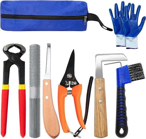 8 inch Farrier Tools Kit (8 Piece) Horse Goat Hoof Trimmers Carbon Steel Nippers Shears Nail Clipper, Mini Rasp, Hoof Trimming Cutter Knife, File for Pig Sheep Donkey Equine Supplies With Storage Bag
