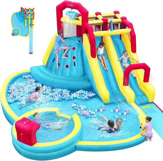 ELEMARA XL Inflatable Water Slide with 19ft Attachable Slip and Slide,Large 7 in 1 Blow Up Water Park,Bounce House for Backyard with 2 Slides,Climbing Wall,Deep Pool,Water Cannon,750W Blower for Kids