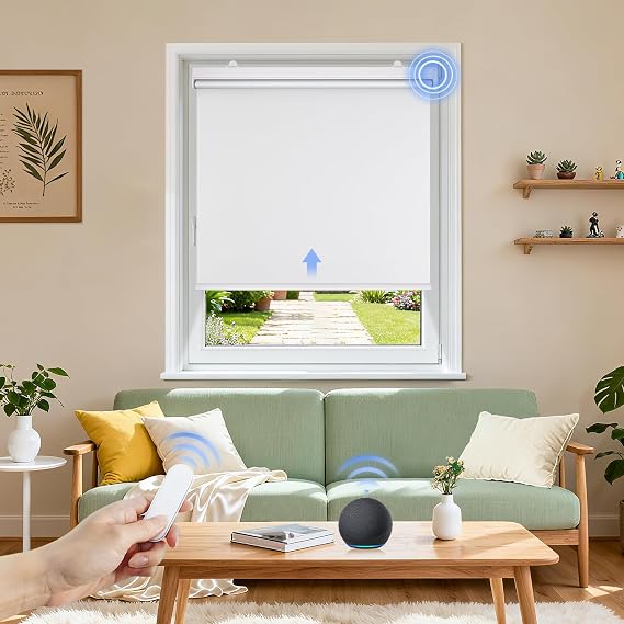 Grandekor Motorized Roller Shade with Remote Control,Motorized Blinds 100% Blackout Electric Shades, Cordless Window Blinds Shades for Bedroom Living Room Office,White,W39 xH72