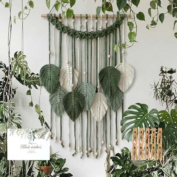 SunsprieJoy Macrame Wall Hanging, Boho Wall Decor Handmade Yarn Woven Leaf Tapestry, Modern Wall Art for Bedroom Nursery Kitchen Dining Room Bathroom, Home Decoration Gift for Women – Green