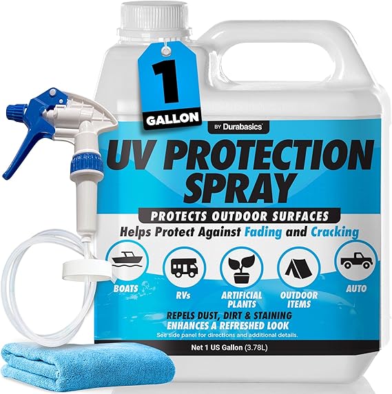 UV Protection Spray for Outdoor Surfaces Helps Reduce Fading, Cracking, and Stains Non-Greasy, Matte Finish Includes Sprayer & Towel Use on Vinyl, Plastic, Rubber, Artificial Plants