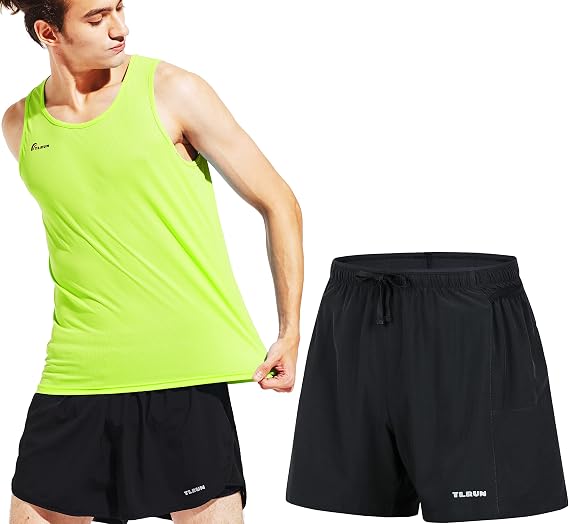 TLRUN Men's Running Singlet and Shorts Ultra Lightweight Marathon Sets Quick Dry Workout Gym Suit(Yellow Medium)