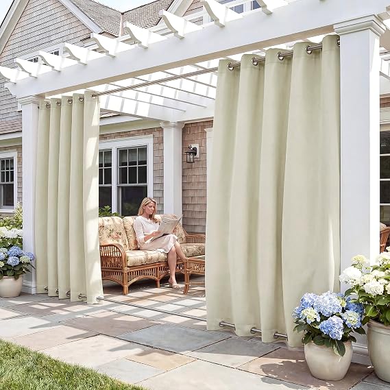 RYB HOME Windproof Outdoor Curtains - Waterproof Blackout Shade Thermal Insulated Drapes for Patio Screen Porch Gazebo Pergola Garage Sun Room, W 52 x L 90, 2 Panels, Beige