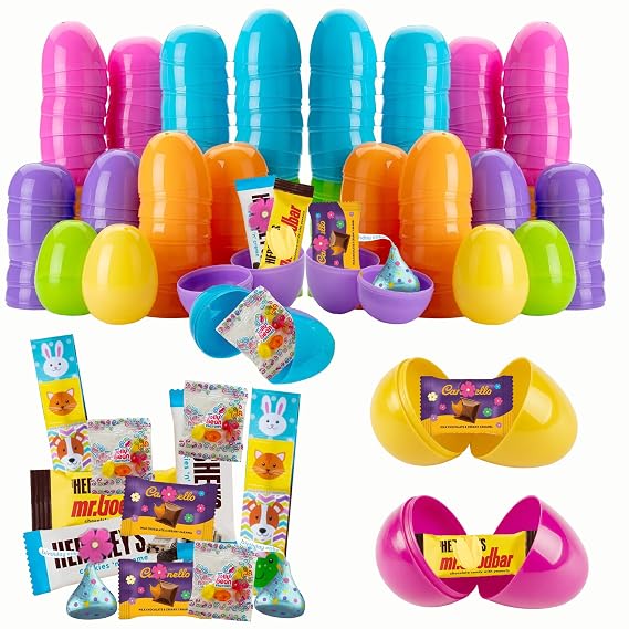 Prefilled Easter Eggs with Candy, 50 Count Bulk, Assorted Colors Plastic Eggs with Spring Themed Chocolate Candy Mix and Stickers for Egg Hunts, Goodie Bags, Basket stuffers for Kids, Girls and Boys