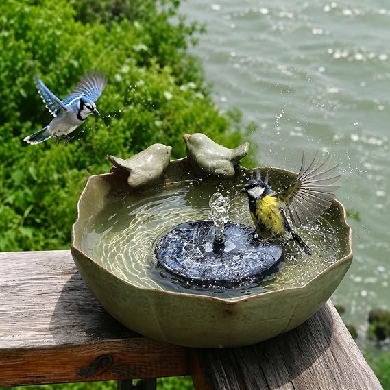 Ceramic Ground Bird Bath Bowl with Solar Powered Bubbler Fountain | 10.1" Tabletop BirdBath bowl only With Solar powered Fountain for Outdoors, Garden, Patio, Balcony & Yard Decor