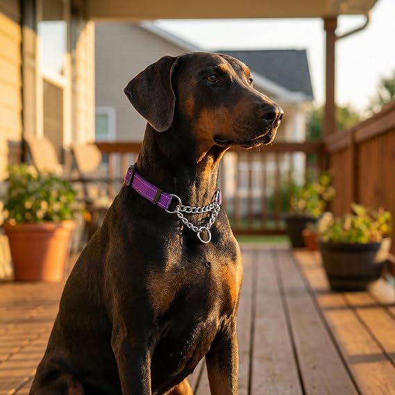 Martingale Dog Collar with Stainless Steel Chain and Leash Set, Martingale Collar with Reflective, 5FT Double Handle Dog Leash Padded, Adjustable for Medium Large Dogs (Purple Collar, M)