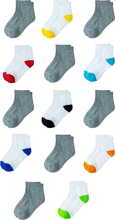 Amazon Essentials Unisex Kids and Toddlers' Cotton Ankle Socks with Cushioned Sole for Boys Girls Toddlers, 14 Pairs