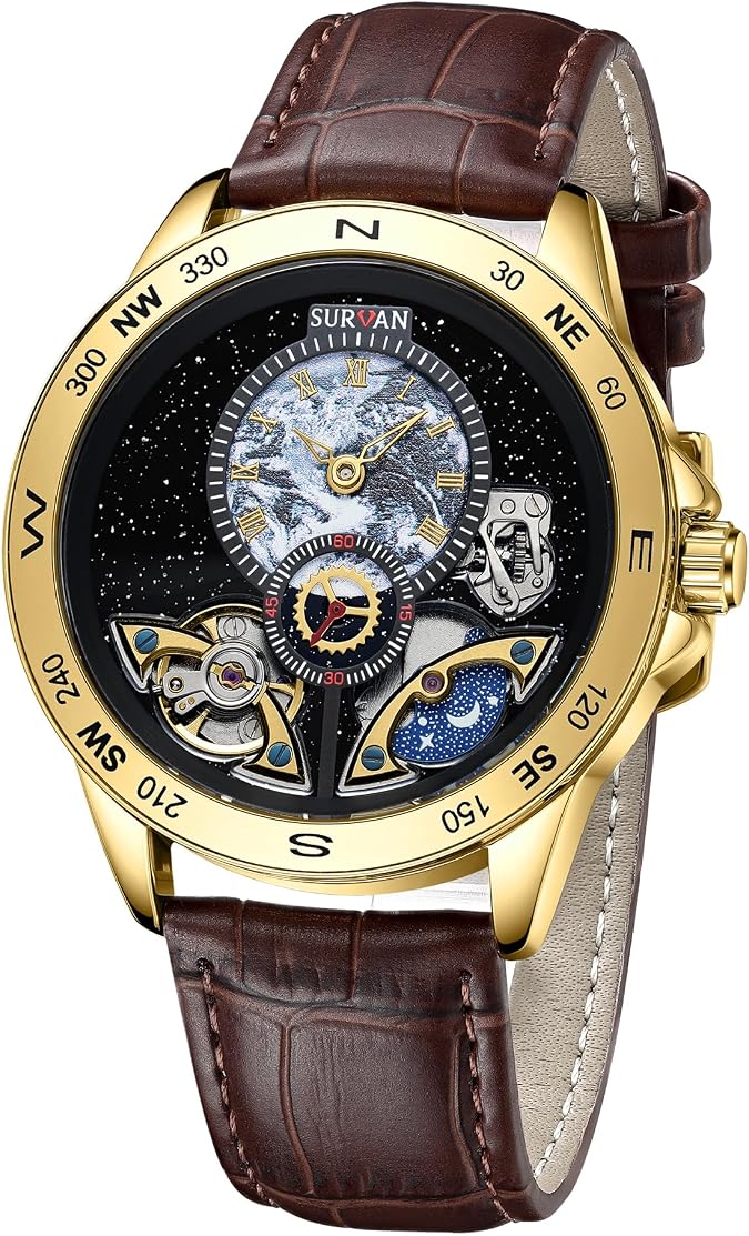 Automatic Mechanical Watches for Men Leather Strap | Skeleton Starry Sky Dial Watch Self Winding Business Men's Wrist Watch Water Resistant, No Battery Needed