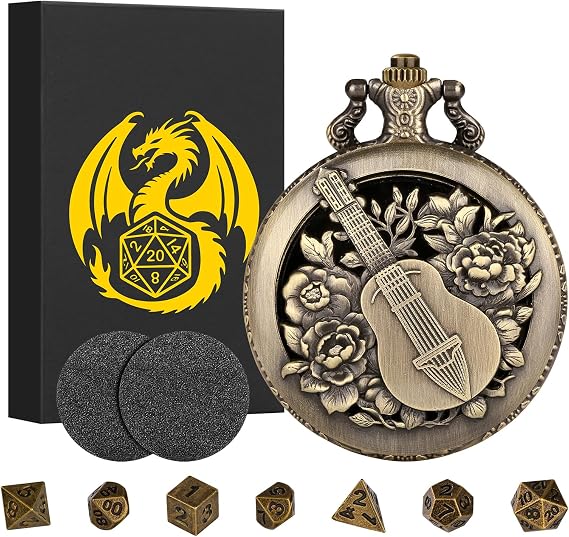 Mini DND Dice Set Steampunk Hollow Bard Pocket Watch Shell Case, 7pcs Tiny Polyhedral Metal D&D Dice Set, DND Gifts with Gift Box, Role Playing Board Games Accessories, Bronze