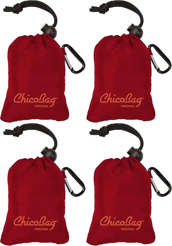 ChicoBag Original Compact Reusable Grocery Bag w/Attached Pouch and Carabiner Clip | Perfect for Shopping, Travel, Organization | Eco-Conscious Packable Tote | Red (Pack of 4)