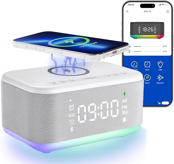 Bluetooth Alarm Clock Radio Bedroom, Digital Dual Alarm Clock Bedroom, Up to 10 Alarms Clock Night Light Speaker App/Button Control FM Charge Snooze Adjustable Brightness Dim 12/24H, Ivory