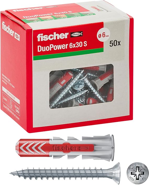 Fischer 544016 Duopower Anchors with Screw, 6 x 30 mm, for Solid Wall, Perforated Brick, Drywall