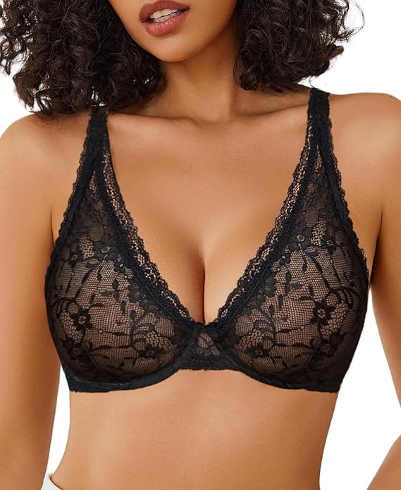 Avidlove Lace Bralettes for Women Sexy V Neck Underwire See Through No Padding Mesh Bras Lingerie Black