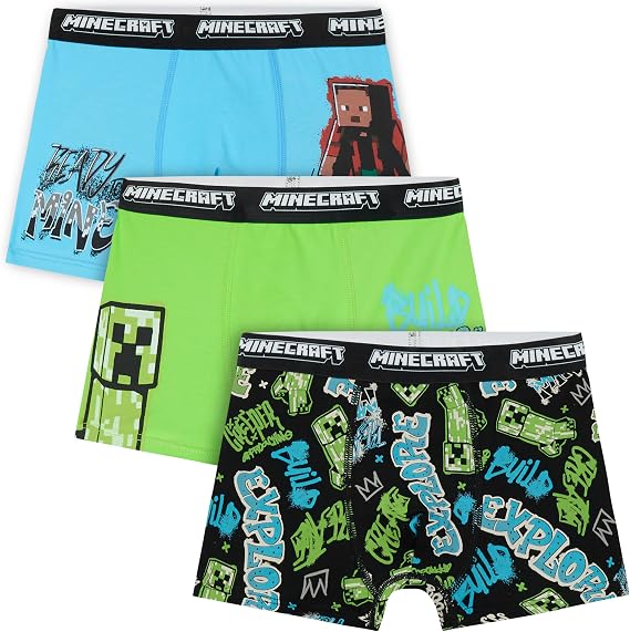 Get Trend Minecraft Boys Boxer Briefs 7-14 Yrs, 3 Pack Soft & Stretchy Underwear Shorts, Breathable Elasticated Gaming Boys Underpants