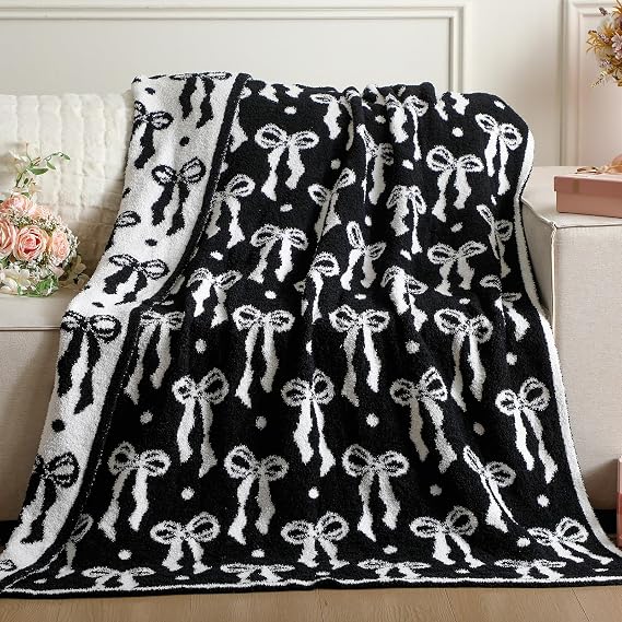 Buryeah Black Bow Blanket Soft Microfiber Double Sided Bow Throw Blanket 50"x 60" Coquette Aesthetic Plush Bedding Stuff Sofa Chair Dormitory Preppy Room Decor for Women, Wedding Bridesmaid Gifts, Mom