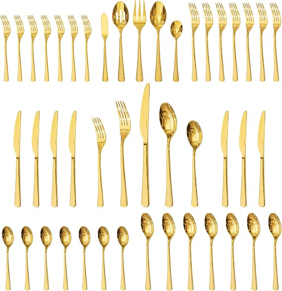 45 Piece Gold Silverware Set with Serving Utensils, 18/10 Stainless Steel