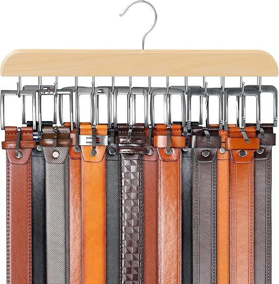 Belt Hanger for Closet Max 42 Belts, Belt Organizer Closet Accessories with 14 Hooks Belt Rack Sturdy Wood for Closet Organizers and Storage