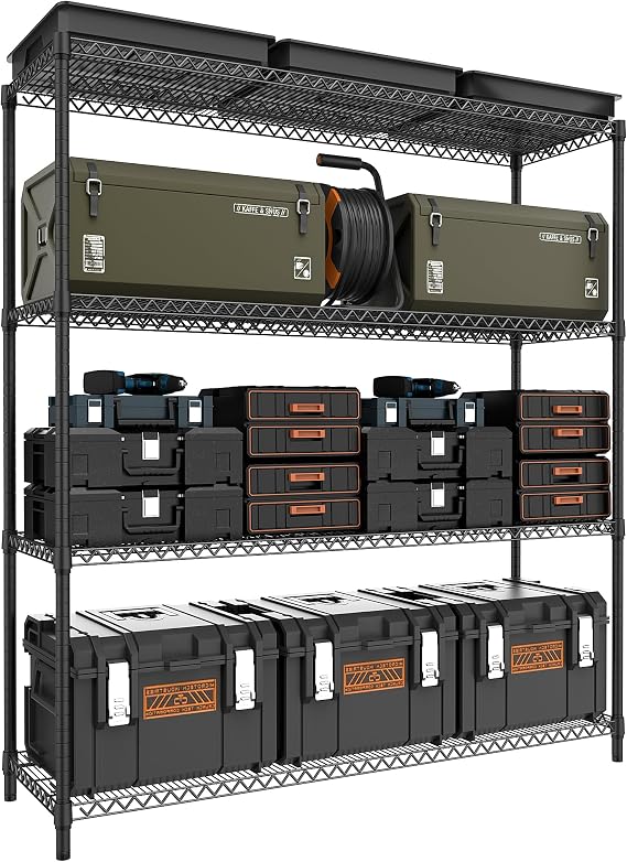 M MZG 4-Shelf Storage Unit With Height Adjustable Shelves and Levelling Feet Total Load Capacity 1199 kg Heavy Duty Rack Wire Pantry Shelves for Tool Shed, Garage, Storehouse Black 45 x 150 x 178.7 cm