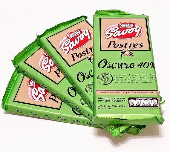 Chocolate Oscuro Savoy ideal para Postres 40% 4 tabletas de 200 gr cada una.