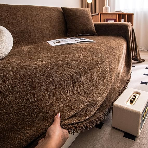 Throws for Sofas Large 180x300 cm Chocolate Brown Water Repellent Sofa Throw Blanket Soft Herringbone Chenille Tassels Blankets for Bed Settees Chair Slipcover 1 2 3 4 Seater Couch Cover