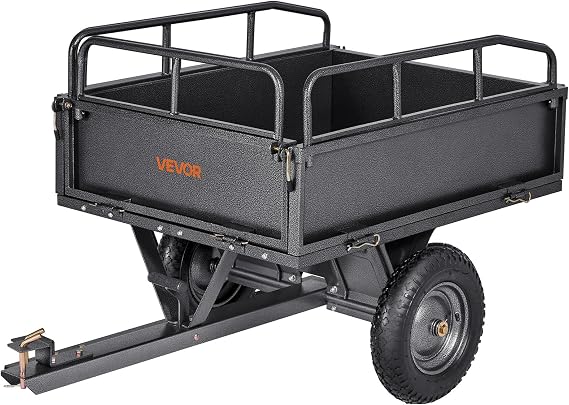 VEVOR 10 Cu.Ft. & 500lbs ATV Trailer Dump Cart Tow Behind, Heavy Duty Utility UTV Trailer, Tow Behind Steel Yard Dump Wagon Cart with 14" Tires for Lawn Mower Tractor