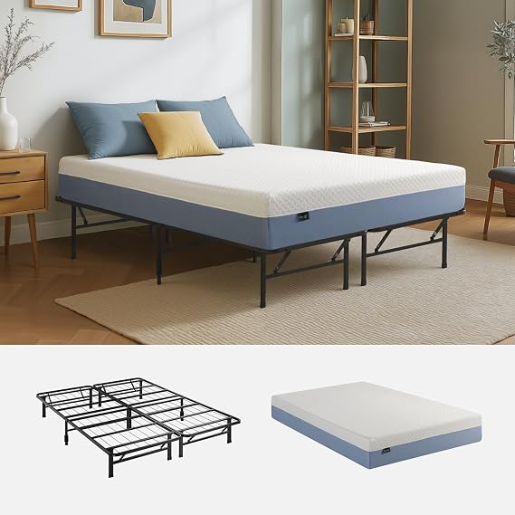 Zinus Set: 10 Inch Cooling Essential Memory Foam Mattress [New Version], Queen, Medium Feel + SmartBase Tool-Free Assembly Mattress Foundation,14 Inch Metal Platform Bed, Queen