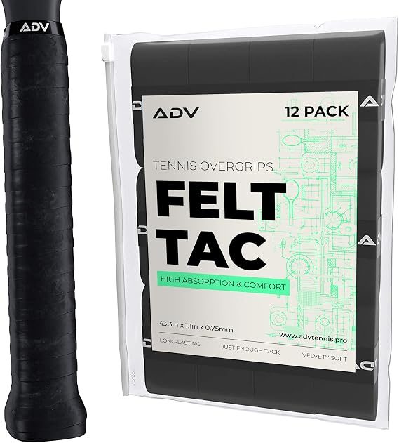 ADV FeltTac Tennis Racket Grip Tape - Absorbent Dry Non-Slip Overgrip | Dry felt finish for sweaty hands, absorbs instead of wicking, replaces worn racquet handle grip, installs in a minute