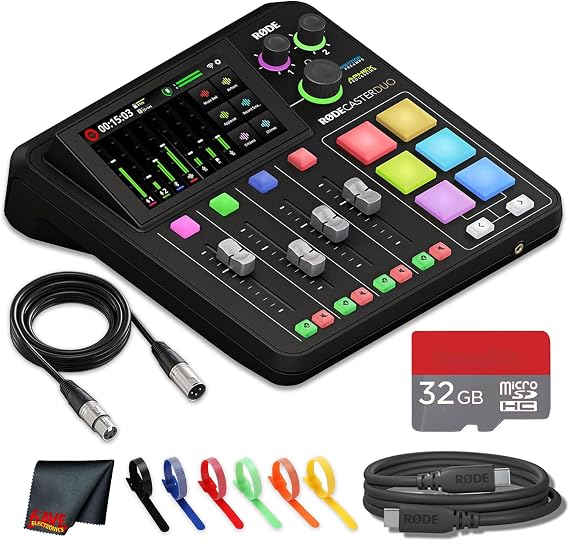 RODE RODECaster Duo Integrated Audio Production Studio | Compact Mixer with Dual USB Interface & Bluetooth | For Podcasting & Live Streaming (RCDUO) + 32GB MicroSDHC Memory Card + 10 Foot XLR + More