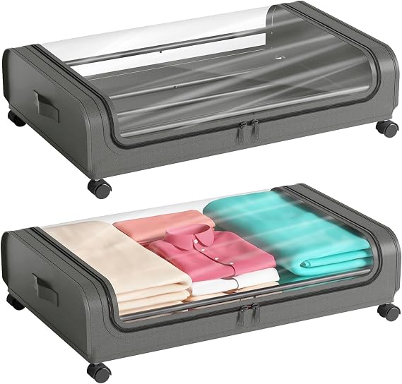 2 Pack Under Bed Storage with Wheels Lid 48L Rolling Metal Frame Underbed Containers Clear Window Storage Bag Box Organization Home Bedroom Organizer Drawer Bin for Clothes Shoes Toys Blankets Grey