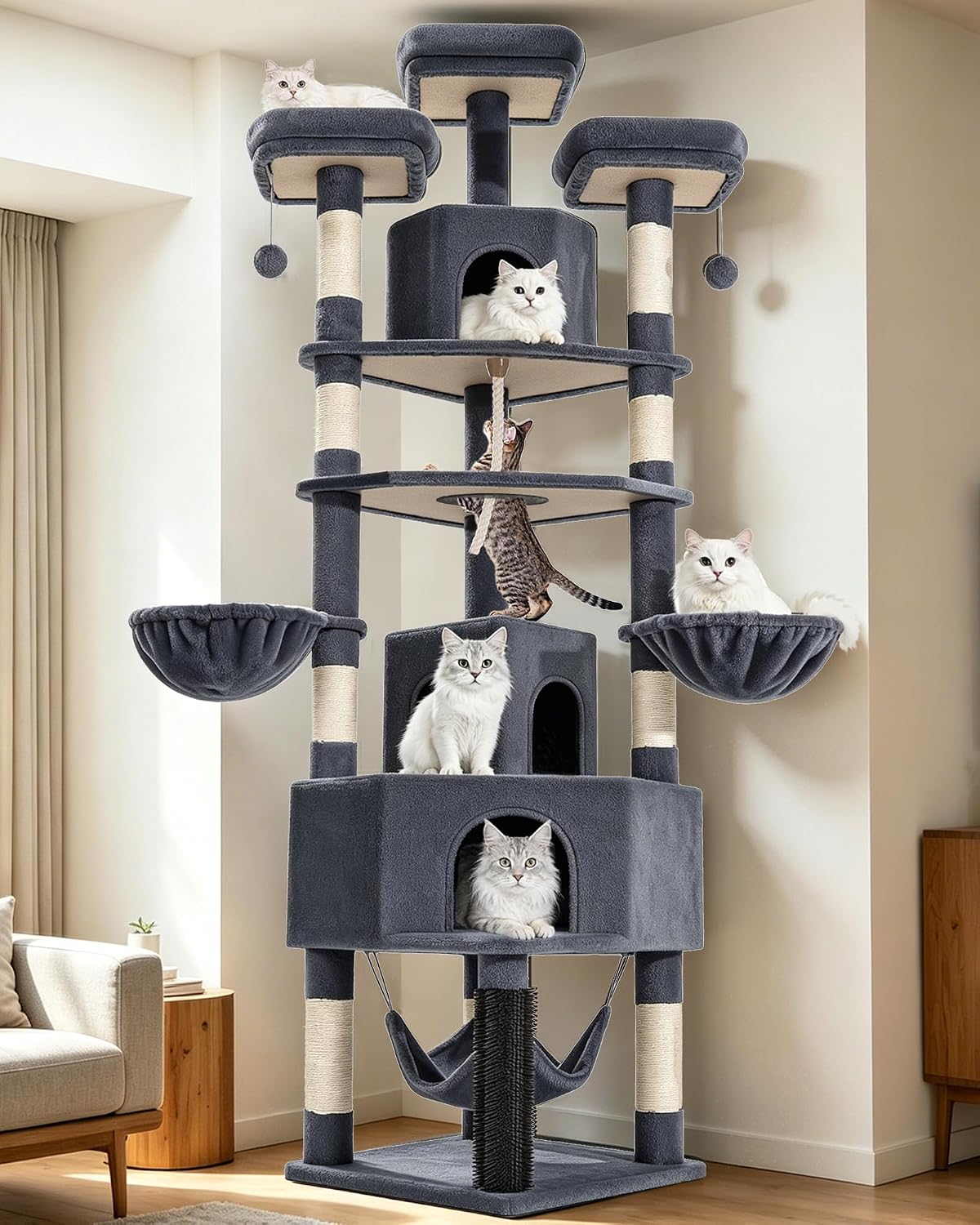 Large Cat Tree, 220cm Cat Climbing Frame with Large Cave, 3 Top Perches, 8 Sisal Posts, Hammock, Baskets, Grooming Post, Thick Sisal Rope, Play Towers & Trees for Cats, Dark Grey FPMS011FG2