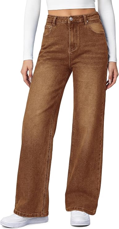 HDLTE Baggy Stretchy Jeans for Women High Waisted Trendy Wide Leg Jeans Boyfriend Denim Pants with Patch Pockets