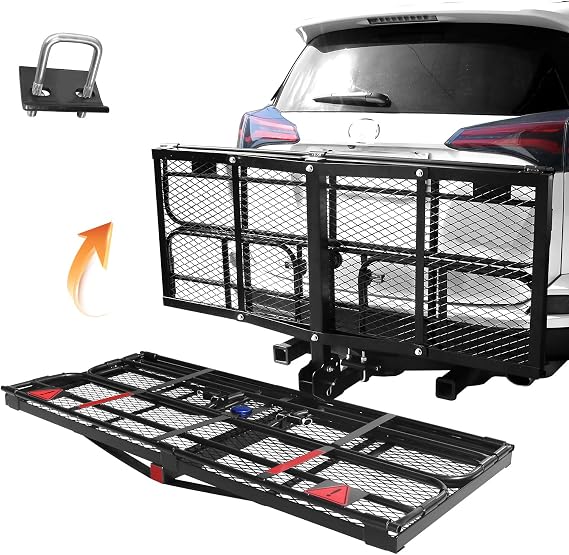 Folding Hitch Mount Cargo Carrier with Button Lock, 60"X24"X14" Heavy Duty 500 Lbs Capacity Trailer Hitch Cargo Carrier Fits 2" Receiver, Easy Unfold Trailer Hitch Basket for SUV Car Traveling