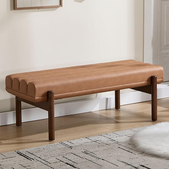 BESTANO Brown Leather Upholstered Bedroom Bench End of Bed, Entryway Bench, Modern 47 Inch Long Comfy Indoor Bench for Hallway Living Room Window, Walnut Wood