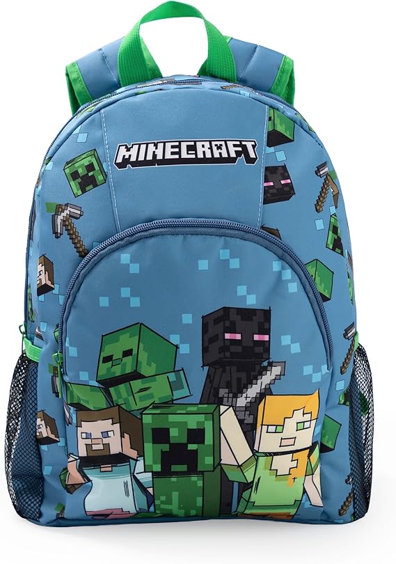Minecraft Steve Creeper Alex Unisex Kids Light Blue Backpack | Zip-Up School Bag with Padded Straps & Front Pocket Merch