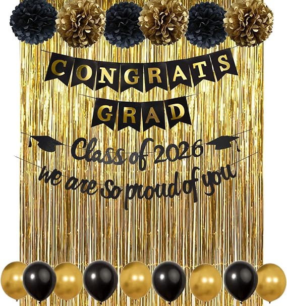 Graduation Decorations 2026 Complete Set- Class of 2026 Congrats Grad Proud of You Banners Sign Garland with Black Gold Party Supplies- Balloons, PomPoms, Foil Tinsel Backdrop Decor for School College