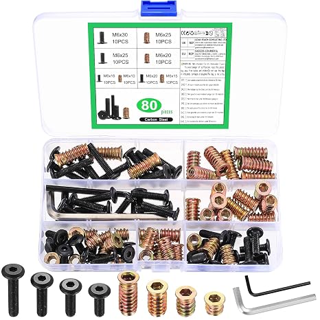 40 Pcs Threaded Inserts for Wood with Bolts, M6x25/20/15/10mm Threaded Insert Nuts and M6x30/25/20/16mm Wood Inserts Furniture Screw Nuts Furniture Connectors, Flat Head Hex Socket Drive Screws