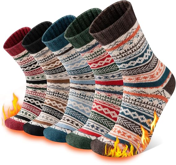COOPLUS Wool Socks Mens Thick Winter Warm Hiking Pattern Thermal Crew Socks for Cold Weather 5 Pairs