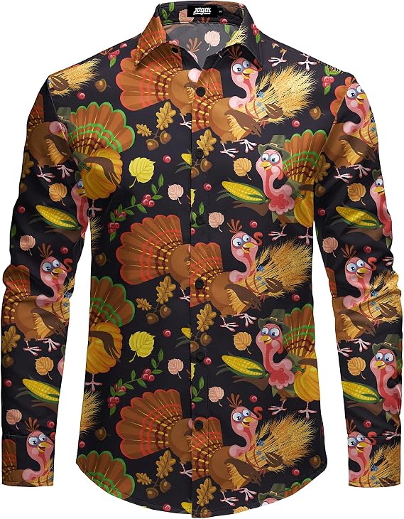 JOGAL Mens Christmas Turkey Thanksgiving Long Sleeve Santa Claus Button Down Shirt for New Year Party
