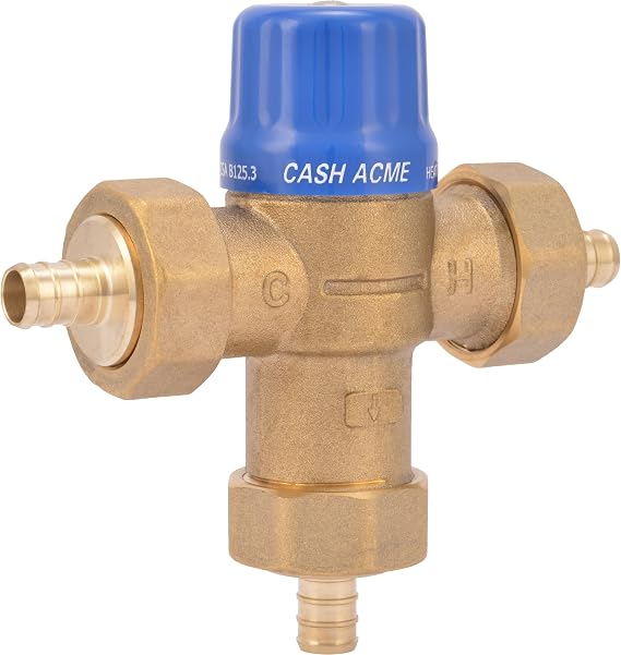 Cash Acme 1/2 Inch HG110 Crimp Thermostatic Mixing Valve with Barb Connections and Integral Checks, Brass Plumbing Fitting, 24506