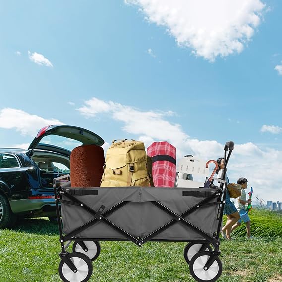Collapsible Wagon with Wheels, 150 lbs Foldable Wagons Carts with Flexible Handle, Lightweight Portable Folding Utility Grocery Shopping Cart for Grocery Sports Garden Camping (Gray)
