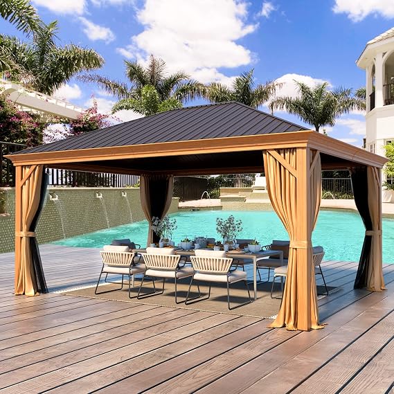 YOLENY 12' x 16' Hardtop Gazebo, Wood Looking Gazebo with Aluminum Frame and Single Galvanized Steel Roof, Outdoor Permanent Metal Pavilion with Curtains and Nettings for Deck, Backyard and Patio