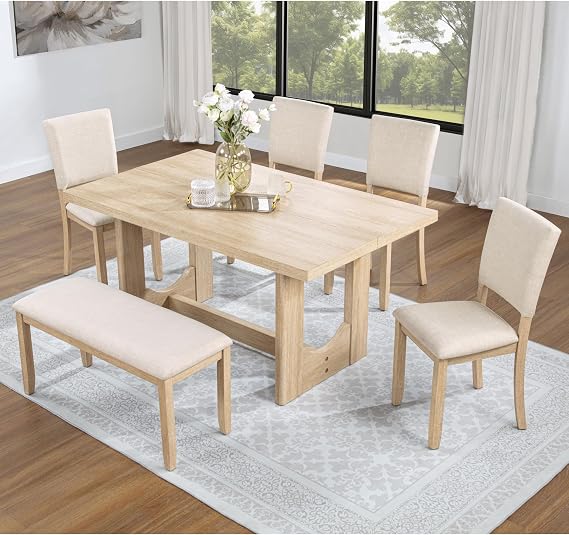 LUMISOL 6-Piece Dining Table Set with Bench, Rectangular Kitchen Table Set with U-Shaped Base, 4 Upholstered Chairs and Bench for Kitchen, Dining Room, Light Oak & Beige
