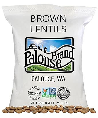 Palouse Brand Certified Glyphosate Residue Free Brown Lentils | 25 LBS | Bulk | Desiccant Free | Sproutable | Non-GMO Project Verified | Kosher