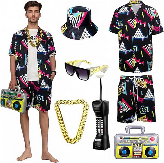 Men's 80s 90s Short Outfit, Summer 7 Pieces, Retro Shirts and Shorts Set with Gold Chain Sunglasses (Schwarz,M)